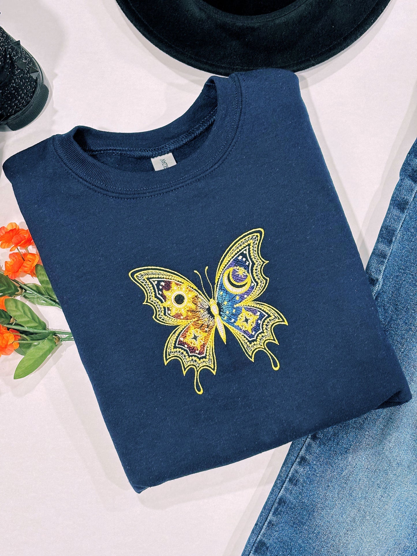 Celestial Day And Night Butterfly Embroidered Crewneck Sweatshirt