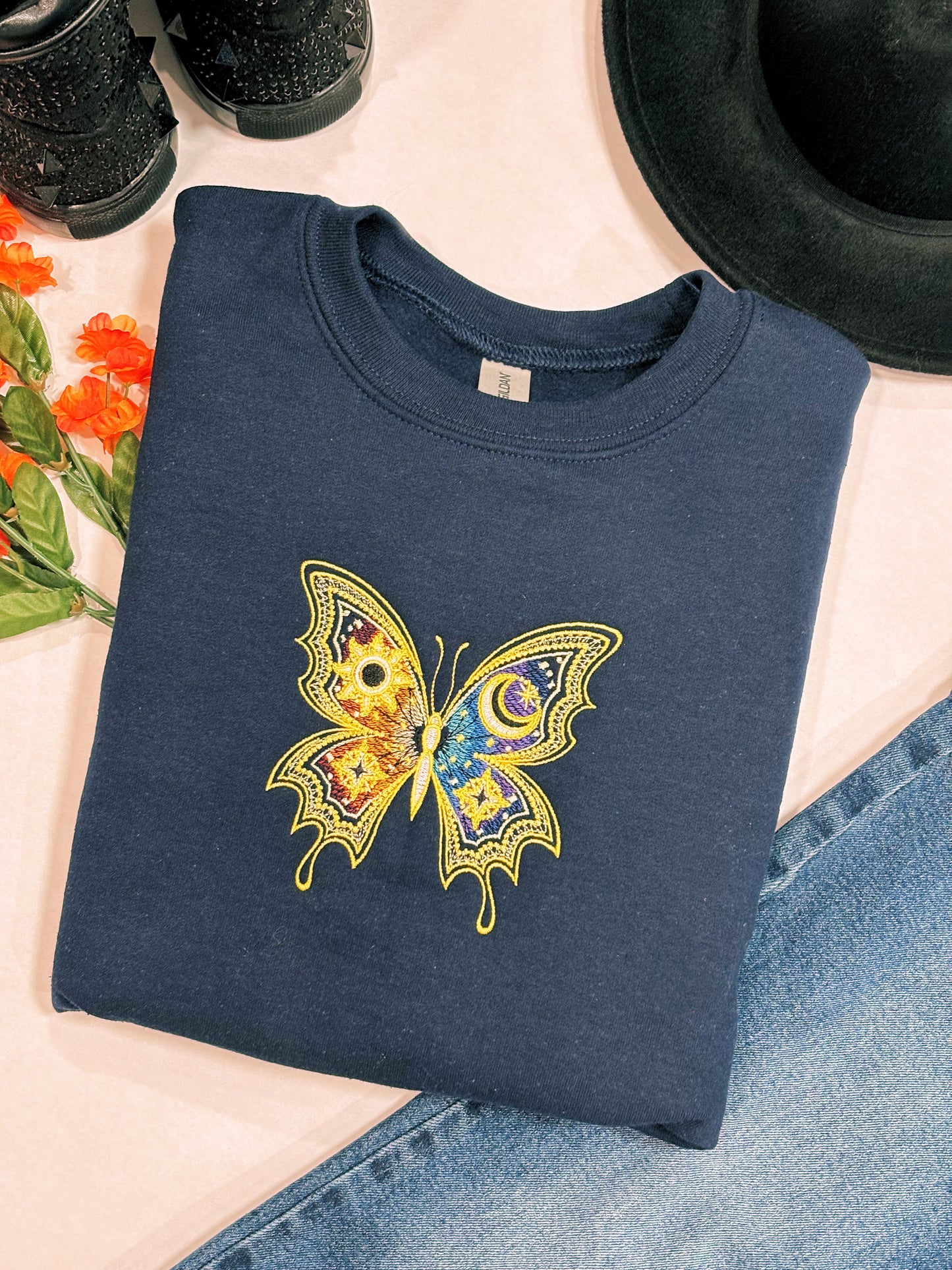 Celestial Day And Night Butterfly Embroidered Crewneck Sweatshirt