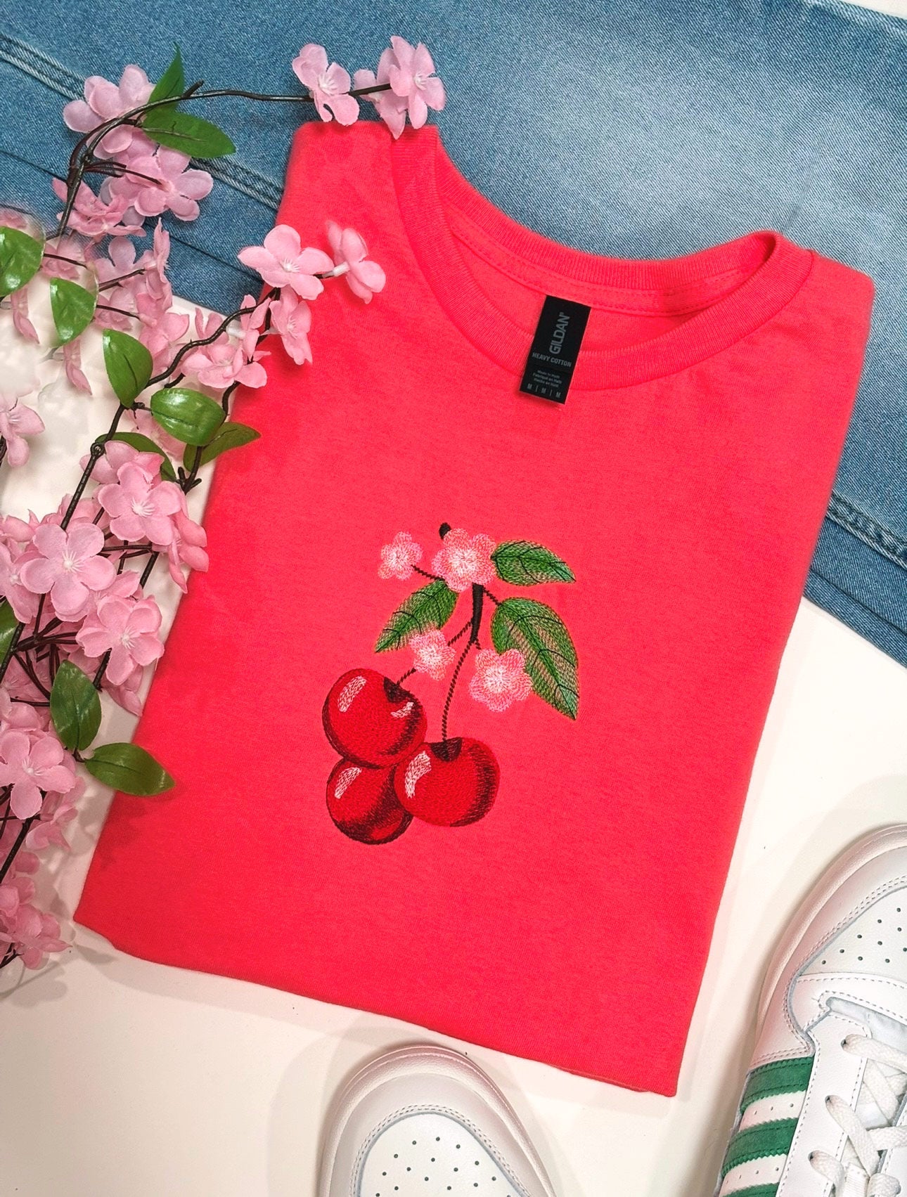 Cherries & Cherry Blossoms Embroidered T-Shirt