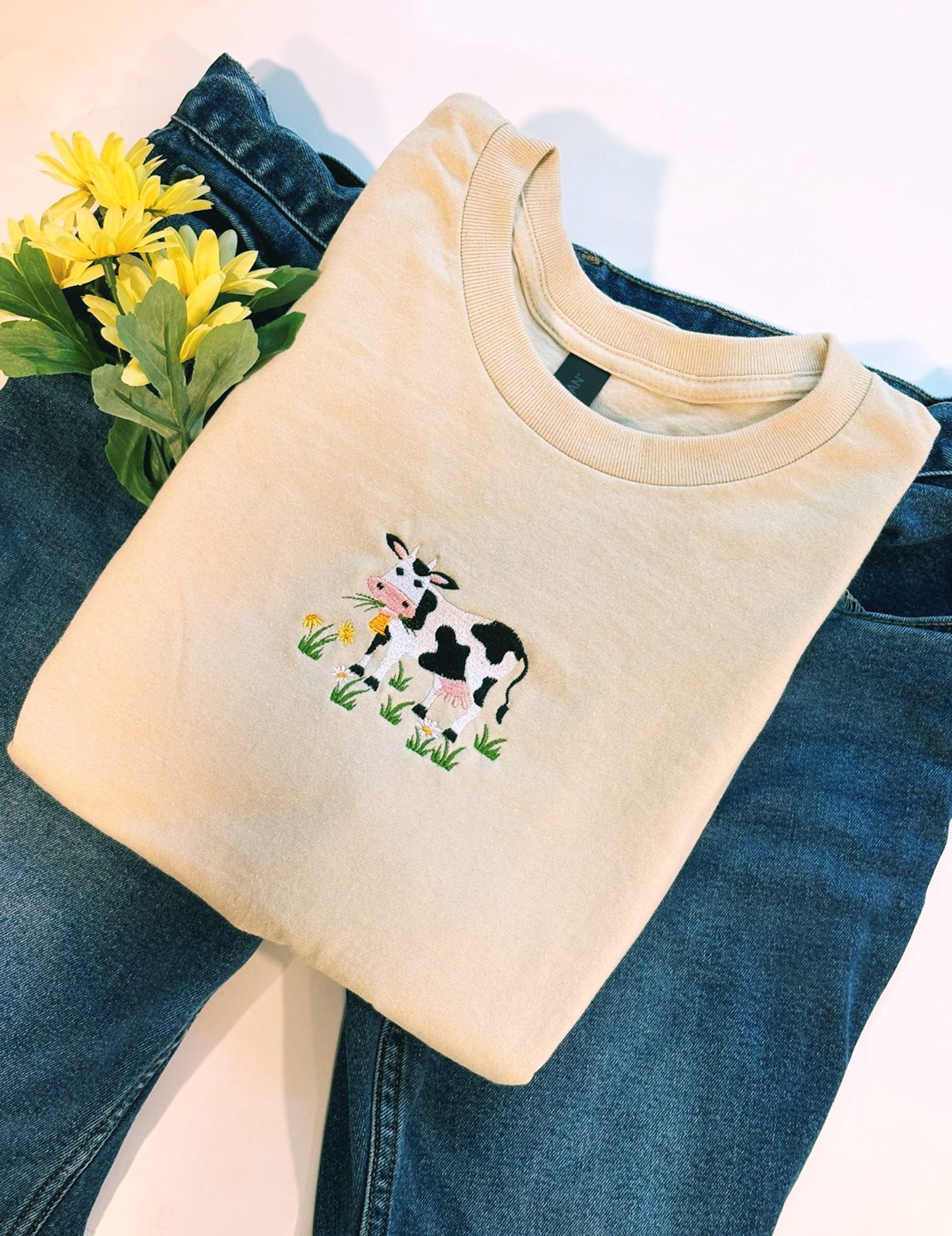 Moo Cow Eating Grass Embroidered Crewneck