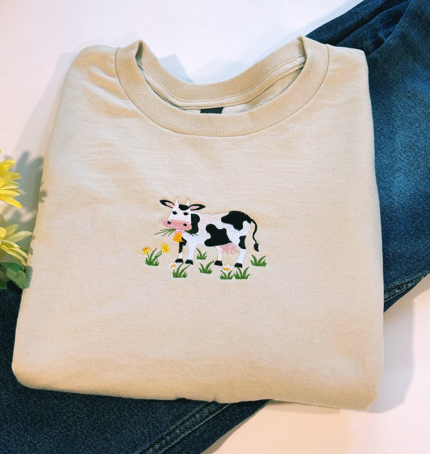Moo Cow Eating Grass Embroidered Crewneck
