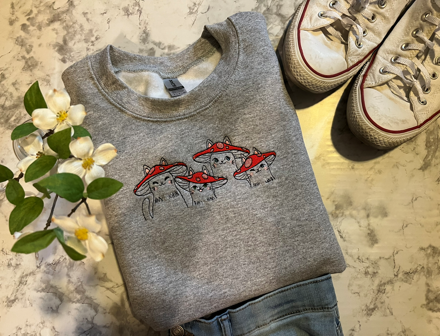 Kitties With Mushroom Hats - Embroidered Sweatshirt