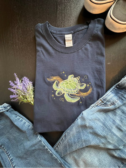 Majestic Sea Turtle Embroidered Crewneck T-Shirt