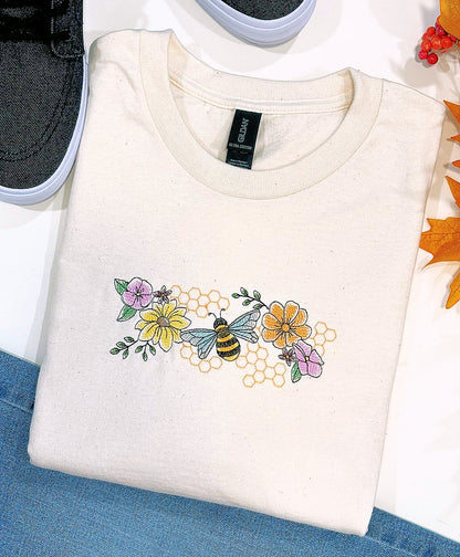 Bee's And Flowers Embroidered T-Shirt.