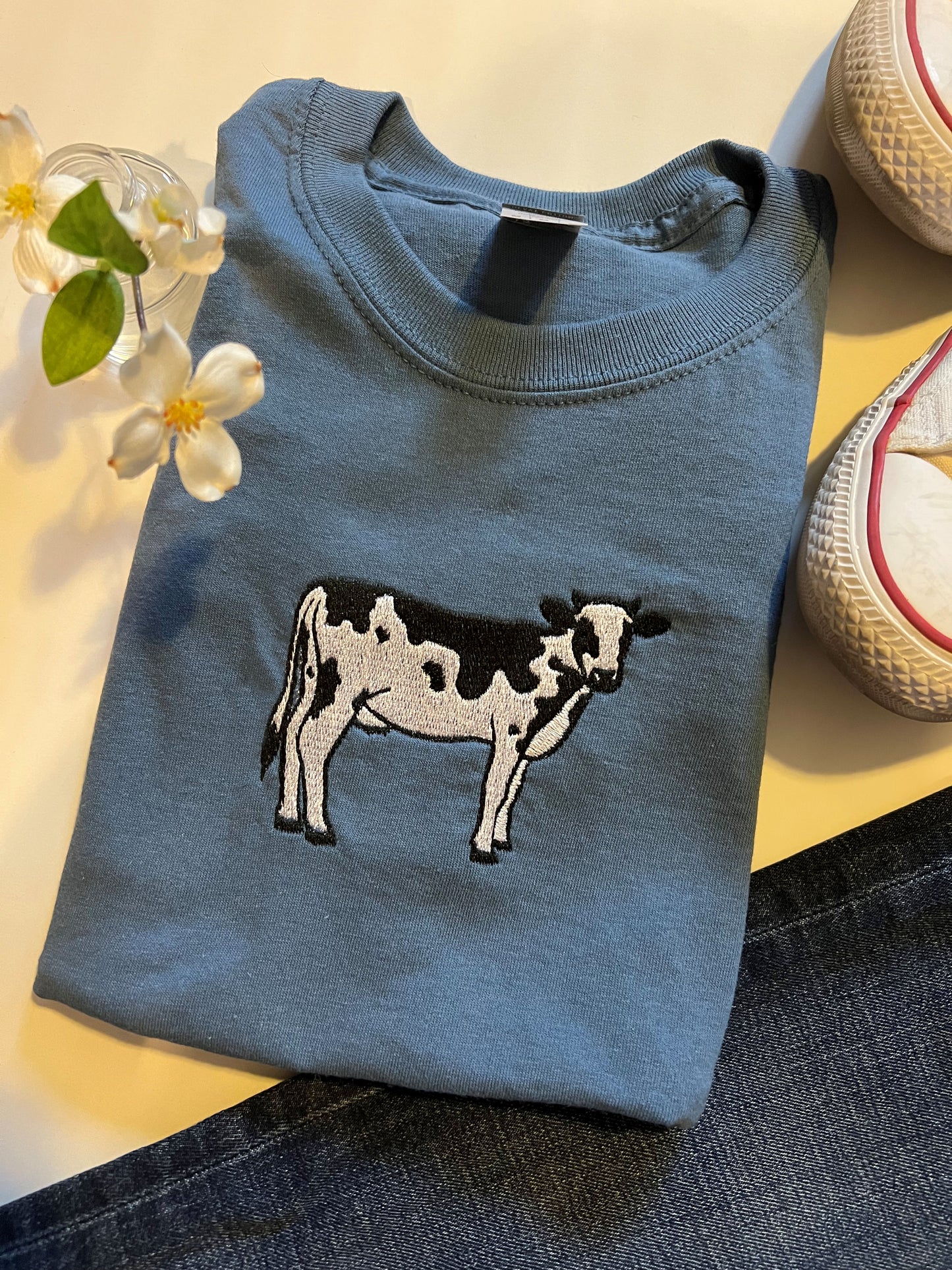 Cow Embroidered Crewneck T-Shirt