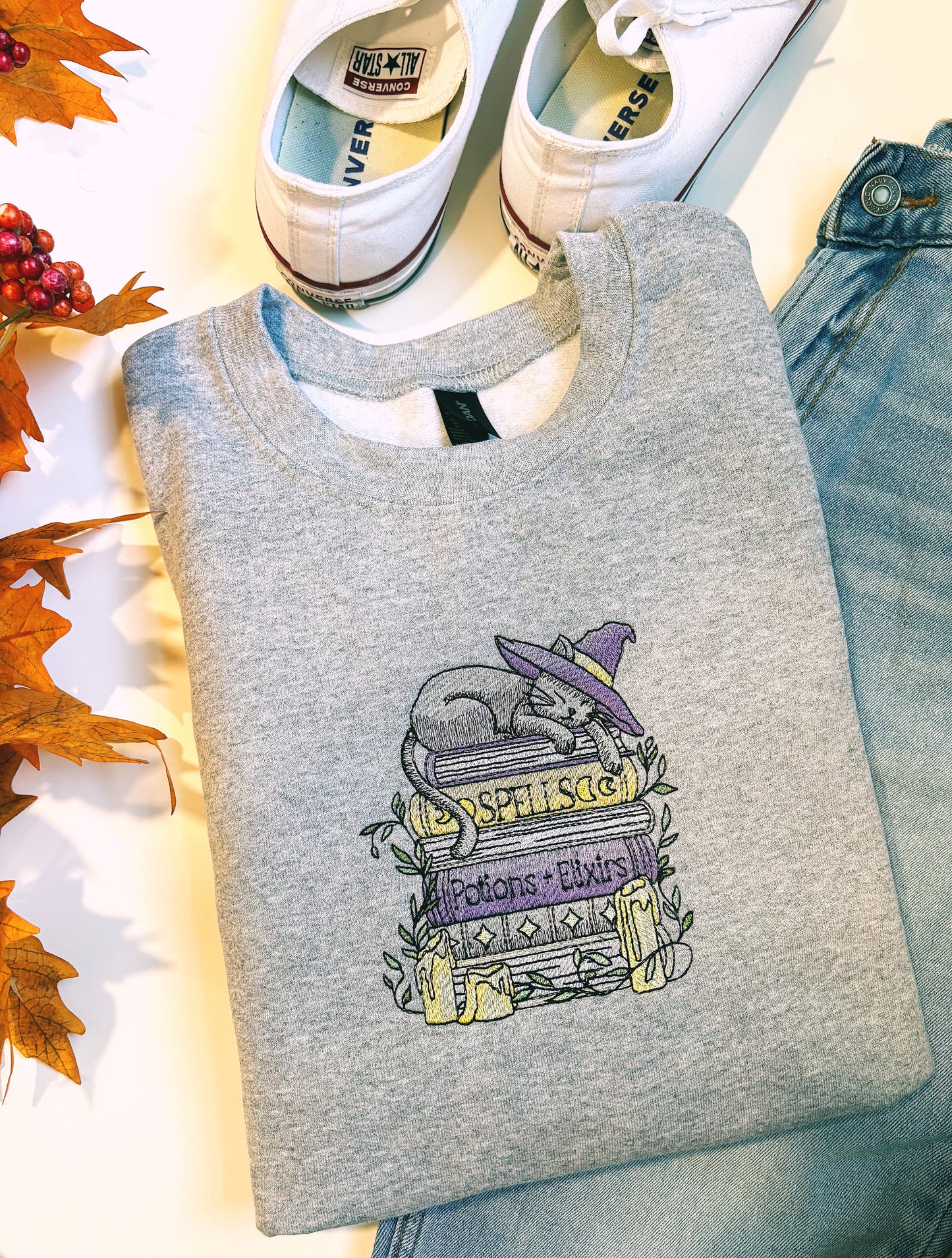 Witch Cat With Magical Books Embroidered Crewneck Sweatshirt