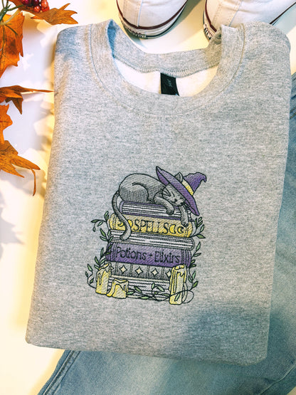 Witch Cat With Magical Books Embroidered Crewneck Sweatshirt