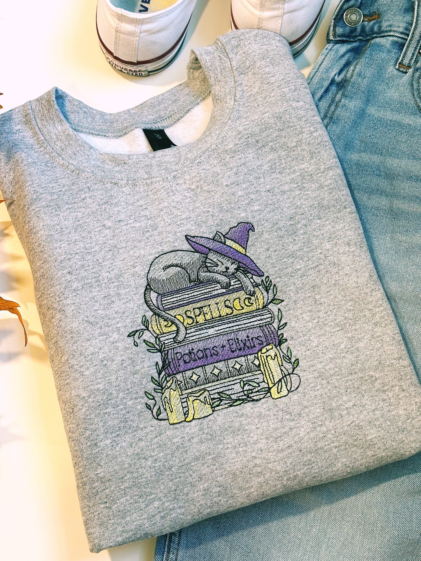 Witch Cat With Magical Books Embroidered Crewneck Sweatshirt