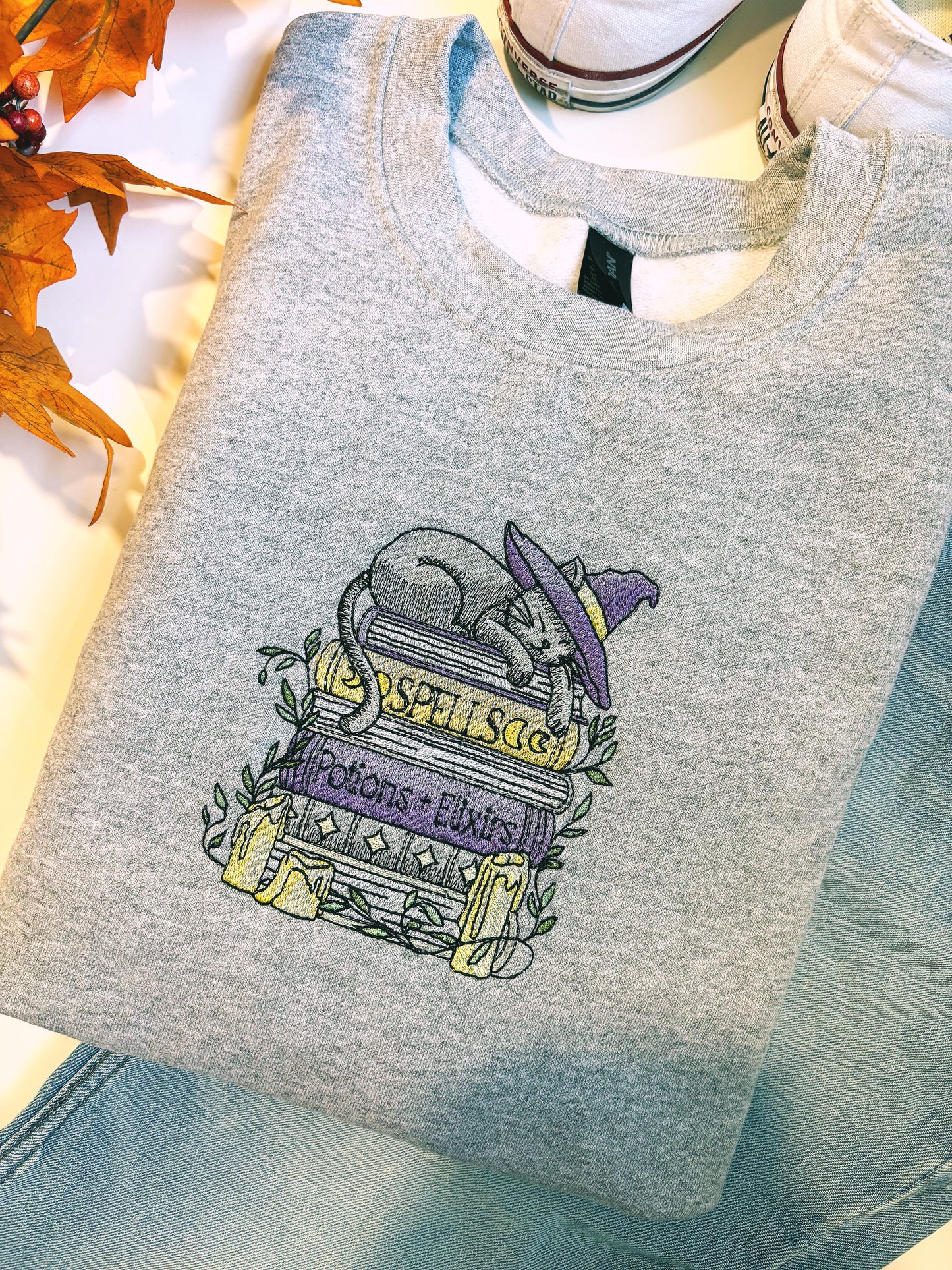 Witch Cat With Magical Books Embroidered Crewneck Sweatshirt