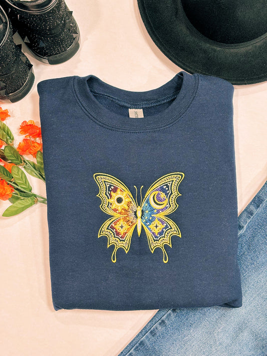 Celestial Day And Night Butterfly Embroidered Crewneck Sweatshirt