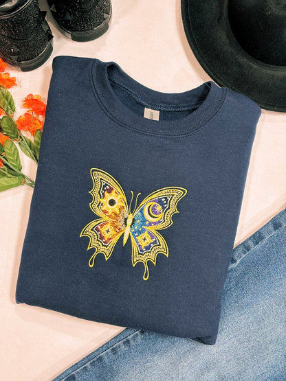 Celestial Day And Night Butterfly Embroidered Crewneck Sweatshirt