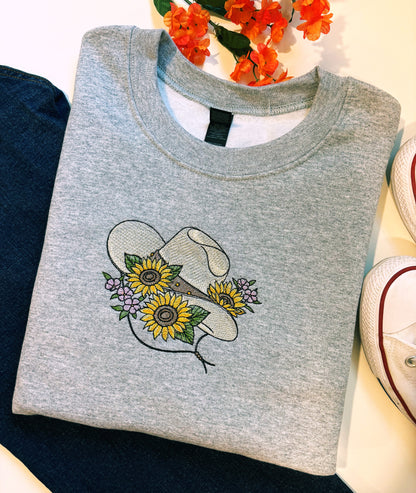 Cowboy Hat And Sunflowers Embroidered Sweatshirt