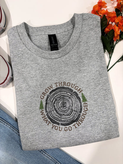 Grow Through What You Go Through Embroidered Tree Crewneck T-Shirt