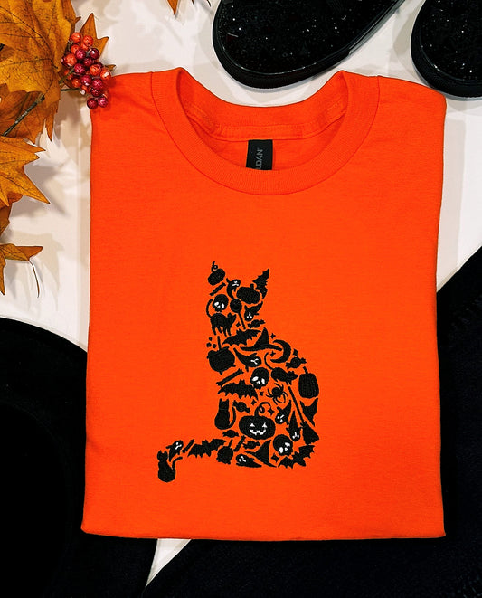 Halloween Cat Embroidered Crewneck T-shirt, Size Is Medium