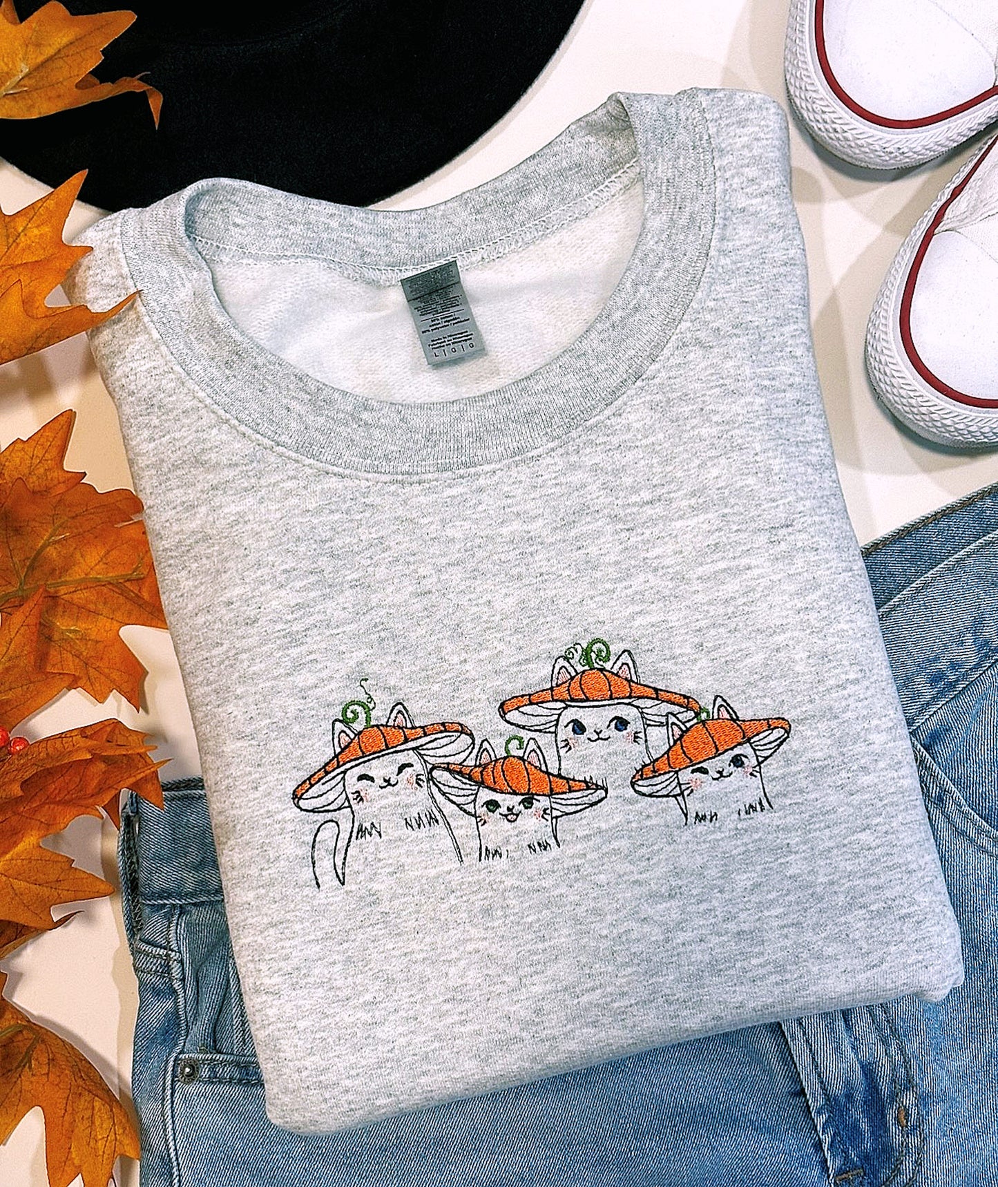 Cats With Pumpkin Hats Embroidered Crewneck Sweatshirt