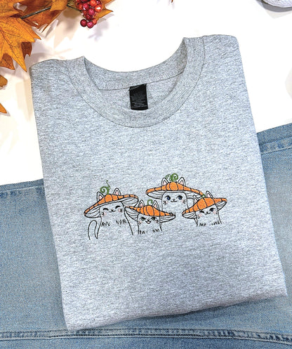 Cats With Pumpkin Hats Embroidered Crewneck T-shirt