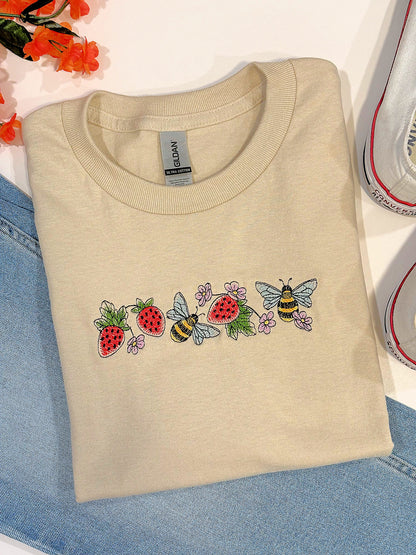 Bees and Berries Embroidered Crewneck T-Shirt