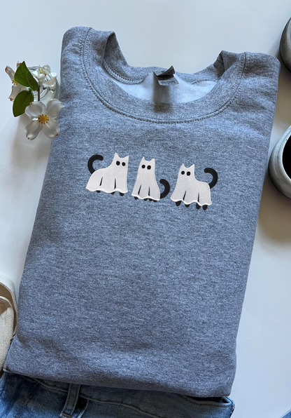 Cat Ghost Embroidered Sweatshirt - Size Large In Sport Grey