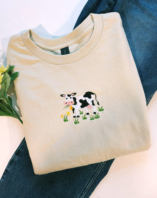 Moo Cow Eating Grass Embroidered Crewneck