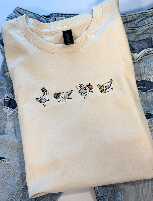 Crazy And Silly Seagulls Embroidered T-Shirt.