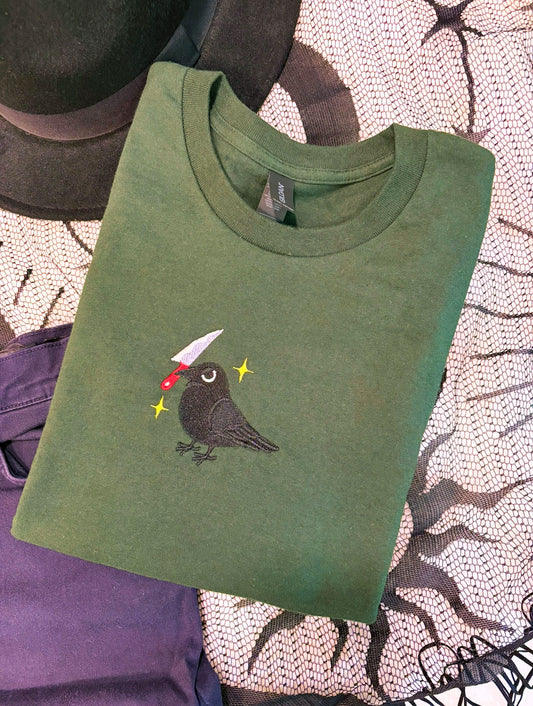 Crow With Knife Embroidered T-shirt