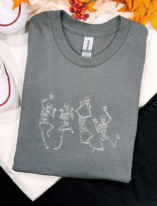 Dancing Skeletons Embroidered Crewneck T-Shirt