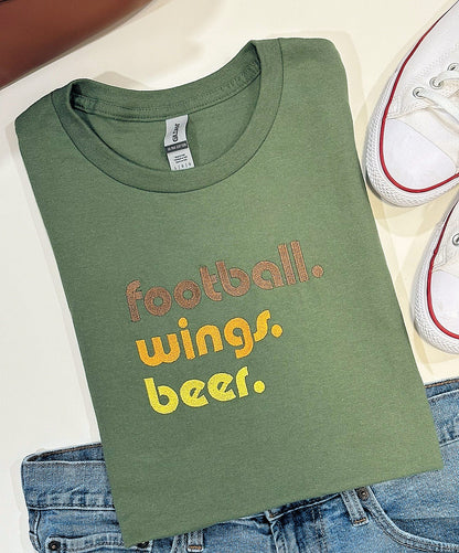 Football, Wings , Beer, Game Day Embroidered T-Shirt