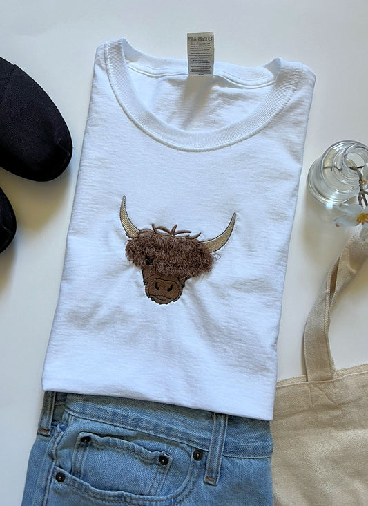 Highland Cow Fringe Embroidered T-Shirt