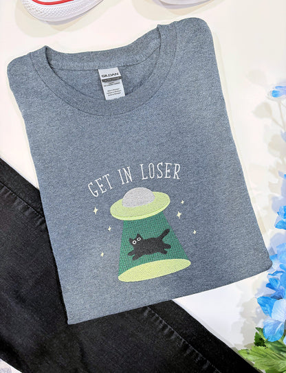 Get In Loser (UFO And Cat) Embroidered Crewneck T-Shirt