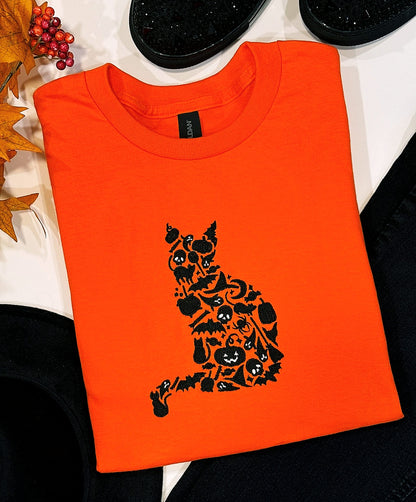 Halloween Cat Embroidered Crewneck T-shirt