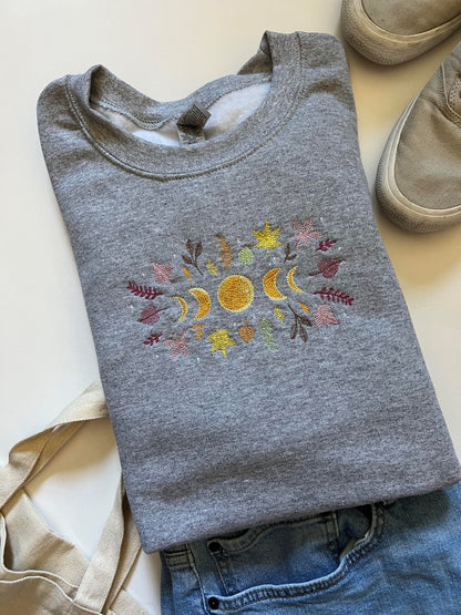 Celestial Autumn Moon Phase Embroidered Sweatshirt