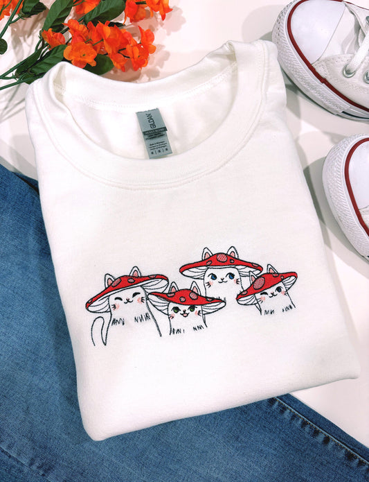 Kitties With Mushroom Hats - Embroidered Sweatshirt