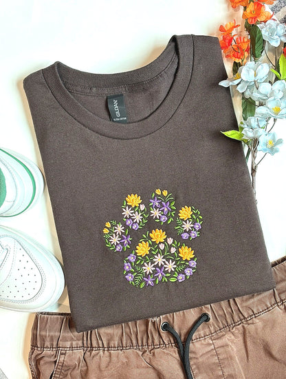 Floral Paw Print Embroidered T-shirt