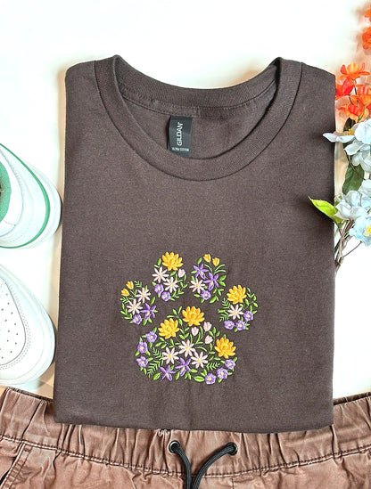 Floral Paw Print Embroidered T-shirt