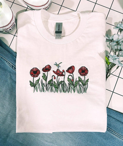 Poppies & Dragon Fly Embroidered T-shirt