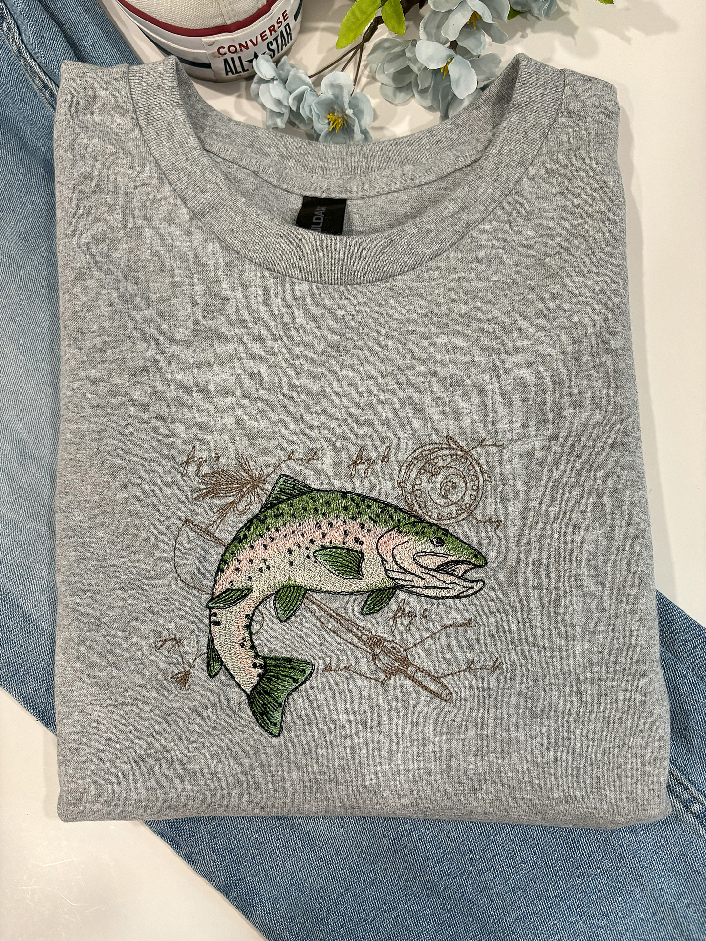 Rainbow Trout Embroidered Crewneck T-Shirt