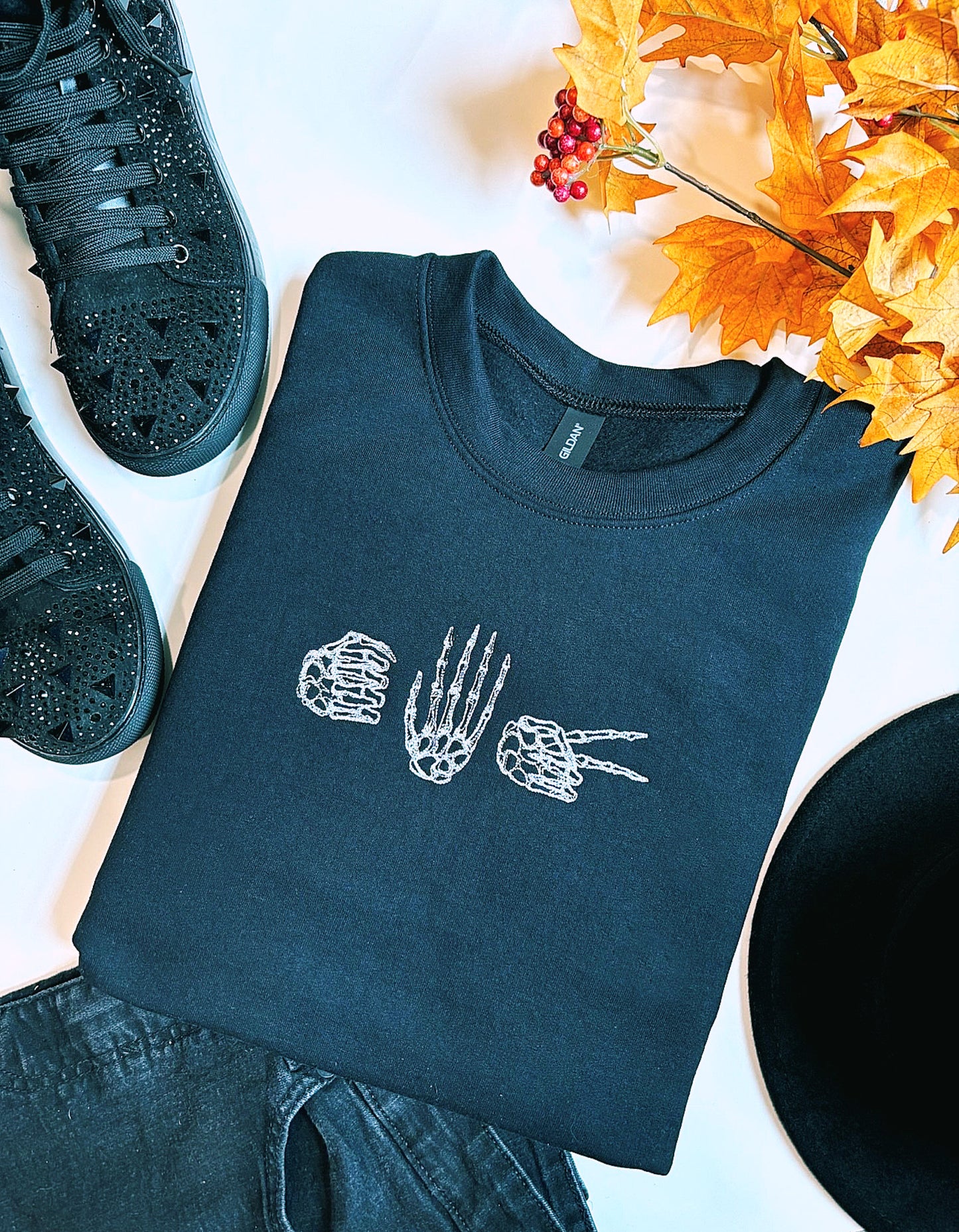 Rock Paper Skeleton Embroidered Sweatshirt.