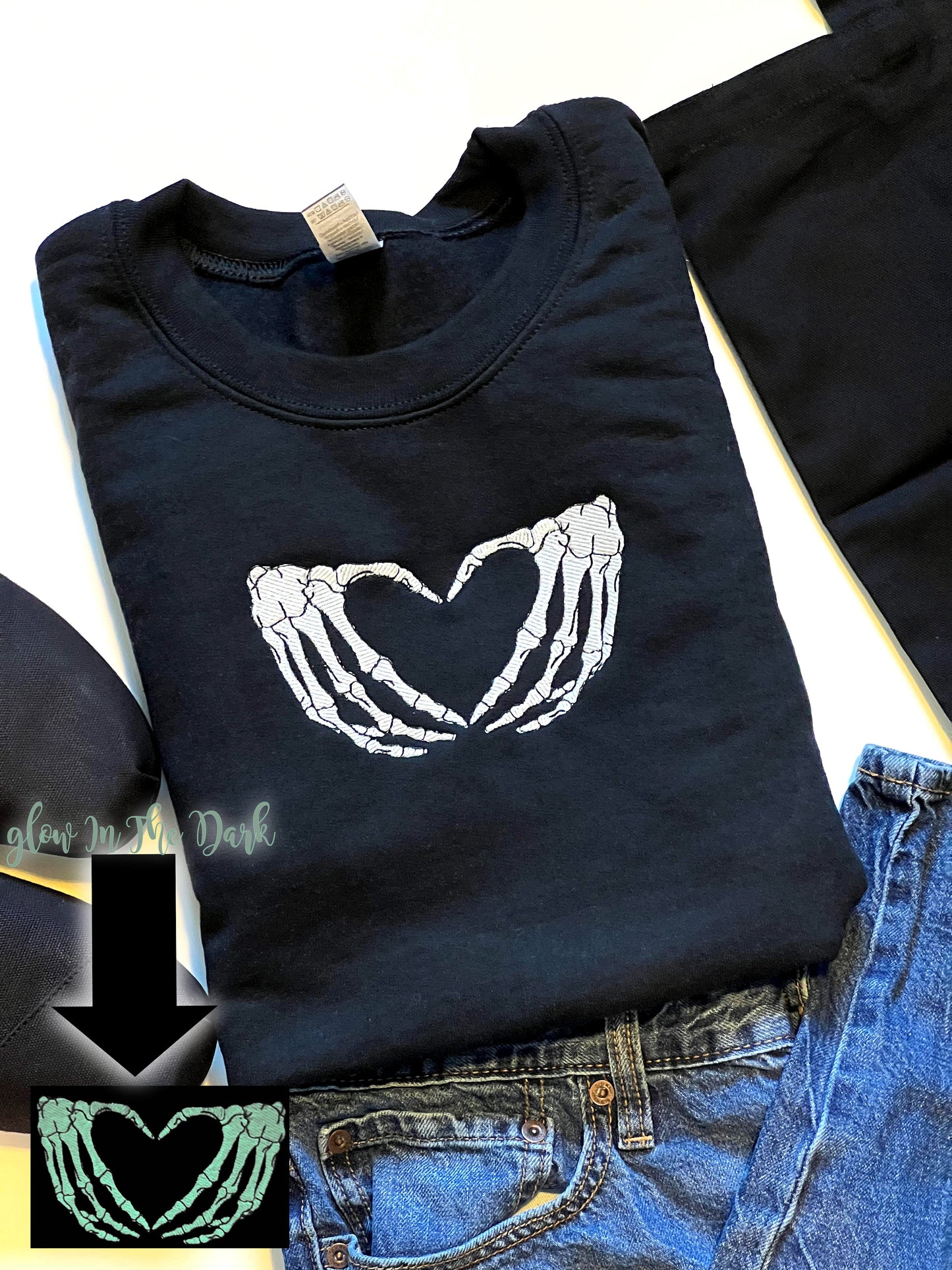 Skeleton Hand Heart Glow In The Dark-Embroidered Sweatshirt